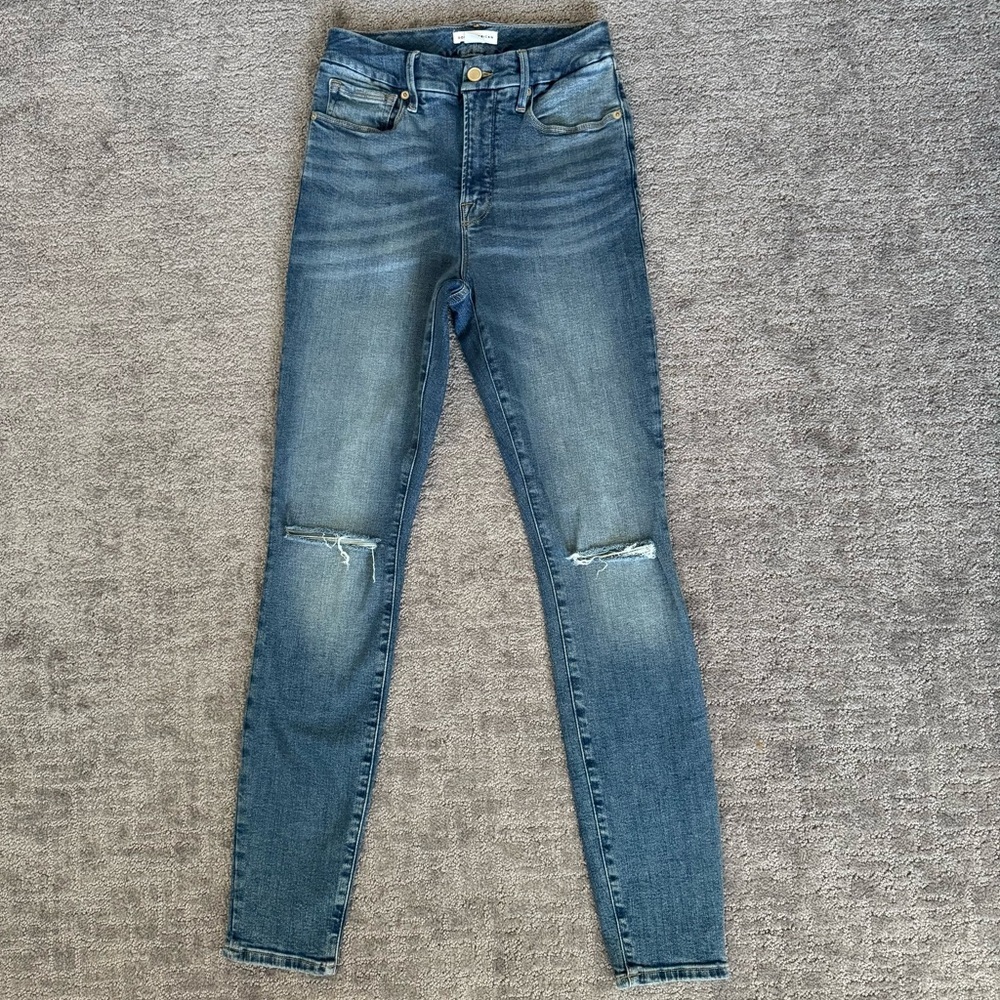 GOOD AMERICAN Jeans Women’s Size 26 Med Wash Distressed Good Legs Organic Cotton - Picture 2 of 10